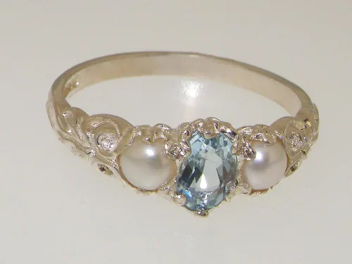 Miniatura 5 de Anillo de plata de ley 925 auténtica aguamarina y perla cultivada para mujer