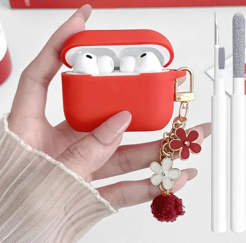 Miniatura 41 de Bonita funda negra para Airpods de 2ª/1ª generación para niñas y mujeres, con llavero de pompón de flores y kit de limpieza, funda protectora tipo