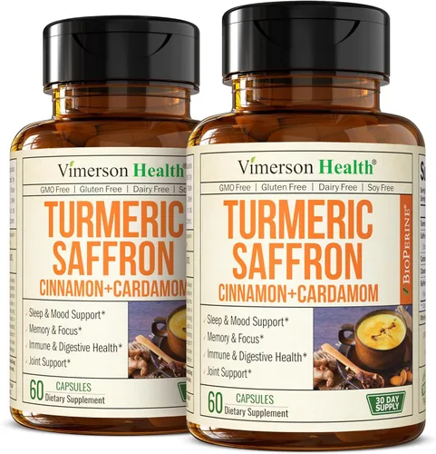 Suplementos de azafrán con curcumina de cúrcuma, extracto de azafrán (89 mg), canela de Ceilán y cardamomo para mujeres y hombres – Suplemento de
