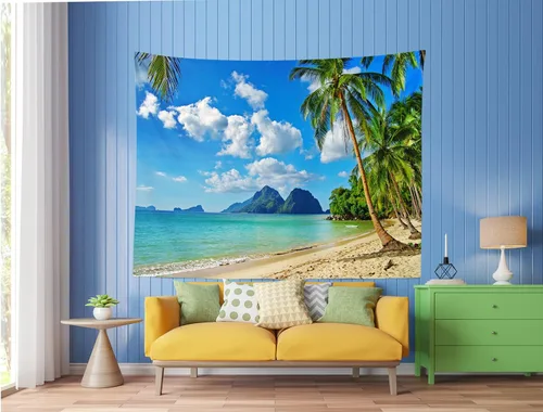 Miniatura 4 de Loccor Tapiz de playa tropical, isla costera, palmeras, olas, tapiz de pared de verano, paraíso hawaiano, paisaje para colgar en la pared, hippie