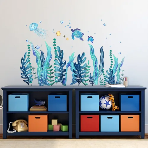 Miniatura 2 de Tenare 5 hojas de calcomanías de pared de tortuga marina oceánica, calcomanías de bajo el mar, algas, hierba, medusas, peces, calcomanías de vinilo