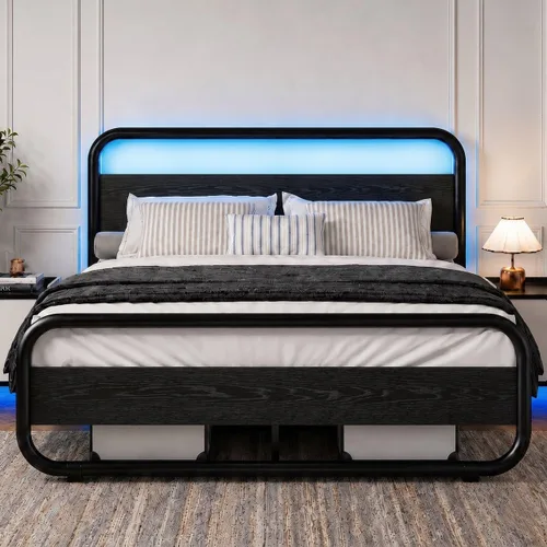 Miniatura 24 de Catrimown - Marco para cama individual con luces LED, marco de cama plataforma individual resistente de metal rústico con cabecera de madera