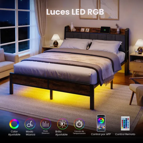 Miniatura 3 de Base de cama tamaño Queen con cabecera de madera, plataforma de metal con estación de carga USB y luces LED inteligentes, no necesita somier, fácil