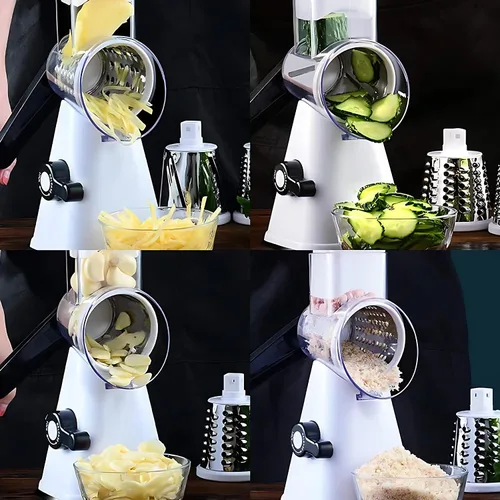 Miniatura 5 de Rallador rotativo de queso, rebanador de verduras de mandolina de cocina con 3 cuchillas intercambiables, fácil de limpiar rallador giratorio