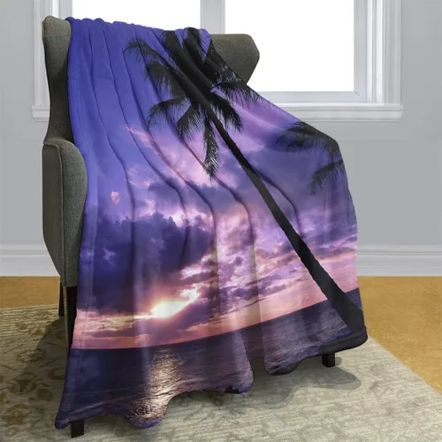 Manta de franela suave con palmera y puesta de sol, acogedora manta tropical ligera para sofá, cama, decoración del hogar, 50 x 60 pulgadas