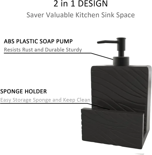 Miniatura 5 de Dispensador de jabón de cerámica con soporte de esponja para fregadero de cocina, contenedor de jabón líquido 2 en 1 con embudo para encimera, baño