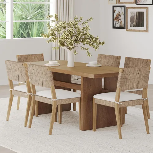 Miniatura 15 de Nathan James Bailey - Silla de comedor Boucle de 19 pulgadas, silla lateral tapizada con respaldo de ratán tejido natural y patas de madera maciza