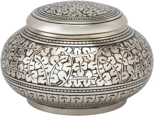 Urna de cremación redonda de hojas de plata para cenizas, mediana, latón, urna de plata, urna de cremación de tamaño mediano, 4.5 pulgadas de alto