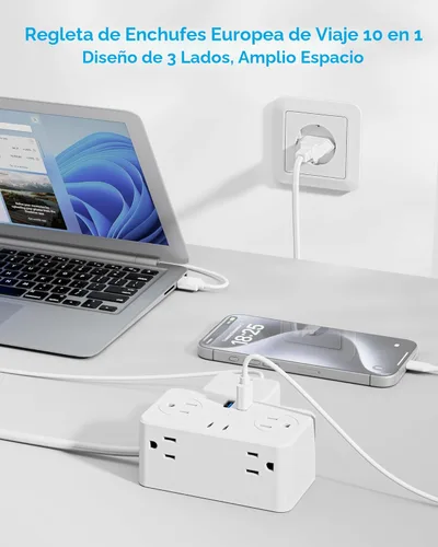 Miniatura 5 de Kakyanill Adaptador de enchufe de viaje europeo, Adaptador de enchufe de viaje EU/UK/US, Regleta de alimentación con 6 tomas AC, 4 puertos USB