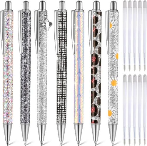 Miniatura 17 de Sherr 7 bolígrafos elegantes para mujer, lindos bolígrafos de purpurina brillantes con 10 recambios de tinta negra, bonitos regalos para niñas