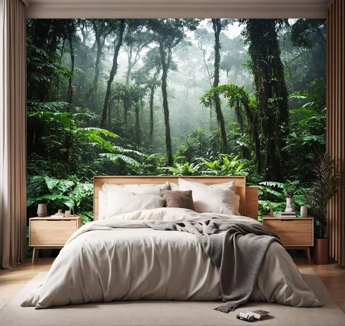 Miniatura 25 de Papel tapiz de tela con diseño de paisajes forestales verdes, bosques, árboles, sala de estar, dormitorio, baño, selva, mural de pared - 91 x 65