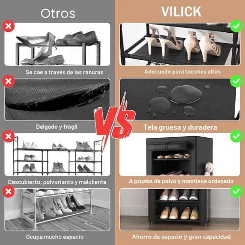 Miniatura 5 de VILICK - Zapatero con cubierta, organizador de zapatos estrecho con 4 bolsillos laterales, estante alto de 10 niveles, almacenamiento para 18-22