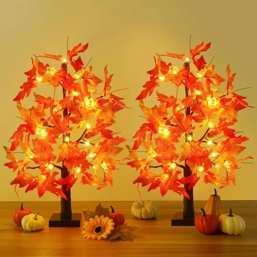 Miniatura 10 de Joyhalo Paquete de 2 Árboles de Otoño de 23.5 Pulgadas con Luces, Temporizador a Pilas, Árbol Iluminado de Otoño para Acción de Gracias