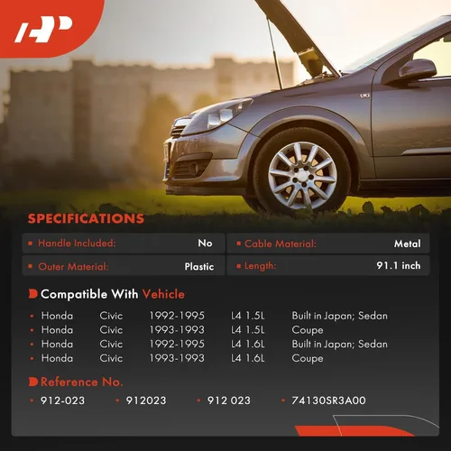 Miniatura 2 de A-Premium Cable de liberación del capó delantero sin mango compatible con Honda Civic 1992 1993 1994 1995, 91.1 pulgadas