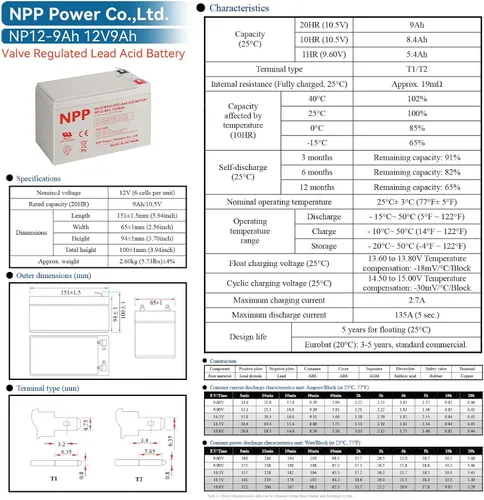 Miniatura 7 de NPP Batería AGM NP12-9Ah 12V 9Ah, terminales F2, repuesto de batería recargable para UPS, iluminación de emergencia de alarma Verizon FiOS