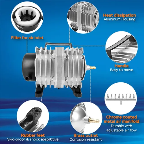 Miniatura 2 de Bomba de Aire para Acuario AquaMiracle con Carcasa de Aluminio, Bomba de Burbujas para Tanque de Peces de 600/1000/1200/1750GPH Aireador de Estanque