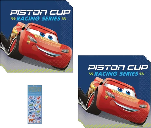 El paquete de suministros para fiesta de cumpleaños de Disney Cars incluye 32 servilletas de papel para pastel de postre y 1 hoja de calcomanías de
