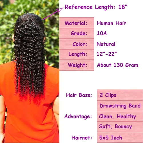 Miniatura 6 de Cola de caballo de cabello humano rizado con cordón brasileño Remy Extensin 3C Kinky Curly Hair Clip en pieza de pelo color natural sedoso suave 10