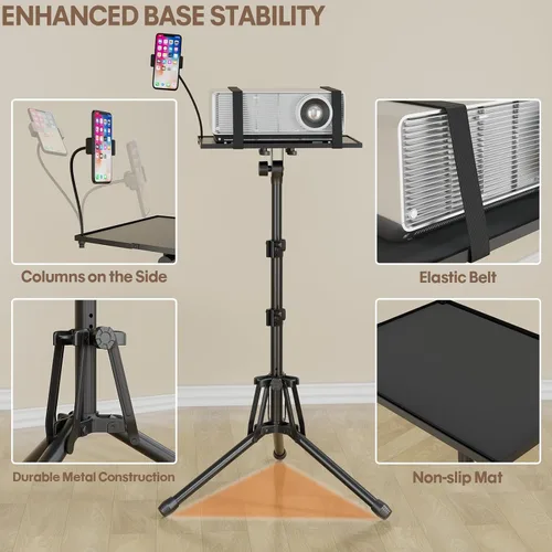Miniatura 3 de KOOV Soporte para proyector de altura ajustable de 20 a 61 pulgadas, soporte de trípode plegable para proyector con bandeja para mouse y soporte