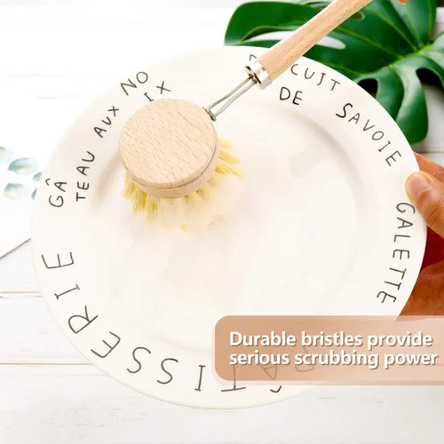 Miniatura 4 de Boao Paquete de 3 cepillos para platos con mango de madera de haya con cabezales de repuesto, cepillo de madera natural para lavar y limpiar ollas