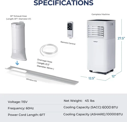 Miniatura 6 de COSTWAY Aire acondicionado portátil, refrigeración de CA de 10000 BTU para espacios de habitación de hasta 350 pies cuadrados, con control remoto