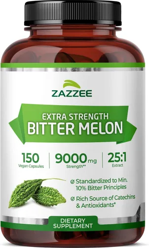 Zazzee Extracto de melón amargo extra fuerte 25:1, 9000 mg de fuerza, principios amargos del 10%, 150 cápsulas veganas, extracto estandarizado y