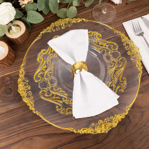Efavormart - Paquete de 10 platos de postre de plástico barroco vintage dorado transparente con borde festoneado, platos desechables de estilo