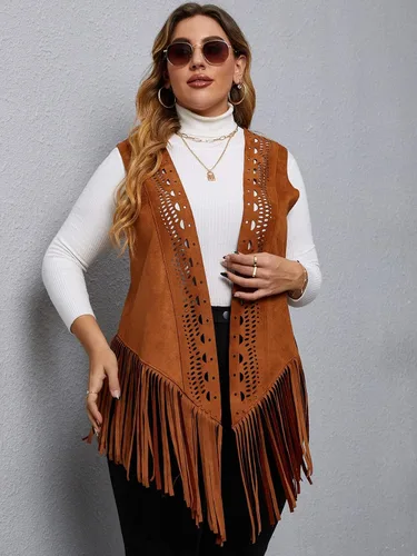 Miniatura 4 de SheIn Chaleco de ante sin mangas con flecos para mujer, estilo hippie, chaqueta estilo hippie de los años 70
