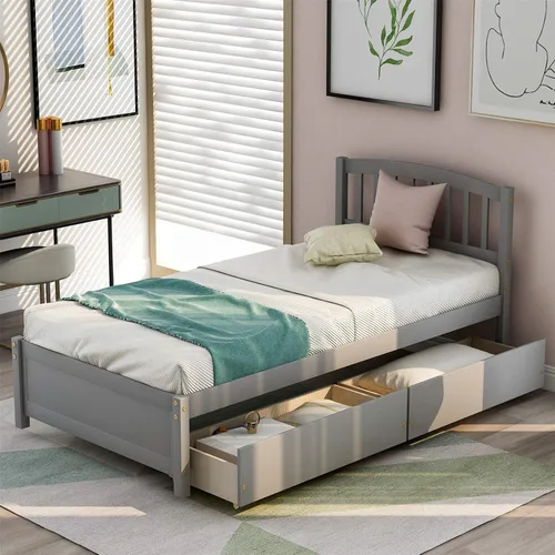 Miniatura 9 de Harper & Bright Designs Cama individual con cajones, marco de cama de madera con cabecero y estribo, plataforma de madera para niños, niñas, niños