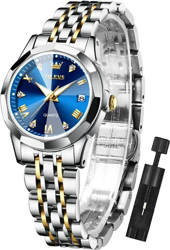 Miniatura 23 de OLEVS - Reloj de mujer de moda, reloj de vestir con diamantes, para mujer, analógico, de cuarzo, acero inoxidable, impermeable, luminoso, con fecha