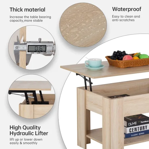 Miniatura 7 de FDW Mesa de Centro Elevable de 39.4 pulgadas con Compartimento Oculto y Estante de Almacenamiento, Tablero de Madera Elevable para Hogar, Sala