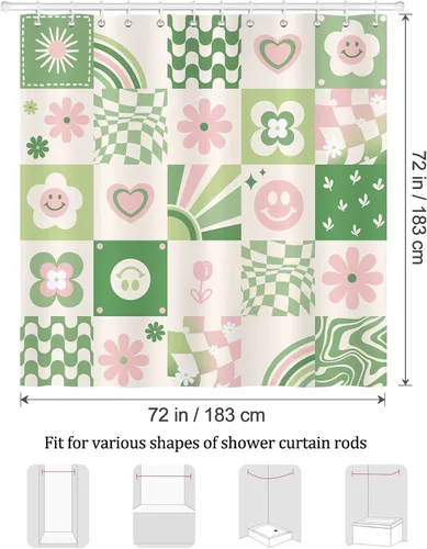 Miniatura 6 de Bonhause Bonita cortina de ducha retro, diseño floral de arcoíris a cuadros, decoración de baño para niños, 72 x 72 pulgadas, tela de poliéster
