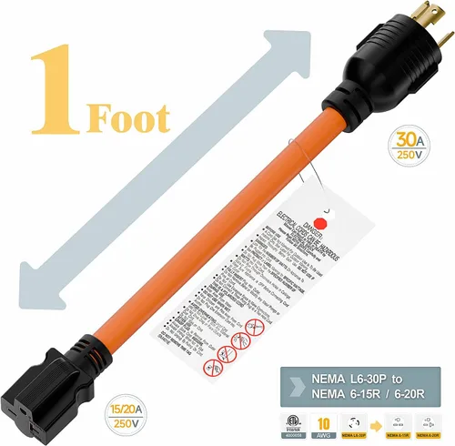 Miniatura 2 de Enchufe de bloqueo giratorio Nema L6-30P de 30 amperios macho a adaptador de hoja T 6-20R, generador STW 12-AWG 30A 250V 250V 6-20/15R, adaptador