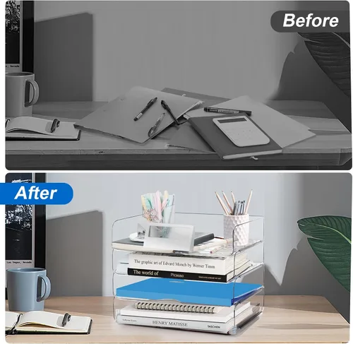 Miniatura 5 de Organizador y almacenamiento de escritorio, 4 niveles, organizador de escritorio transparente apilable para documentos, almacenamiento de revistas