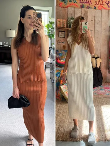 Miniatura 3 de Conjunto de 2 piezas de falda de punto acanalado con cuello en V sin mangas y maxi falda para mujer