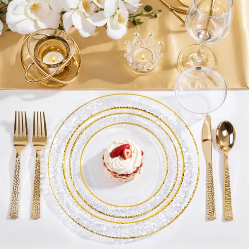 Miniatura 5 de Nervure 150 piezas de platos de plástico transparente con cubiertos martillados dorados que incluyen 25 platos de cena, 25 platos de postre, 25