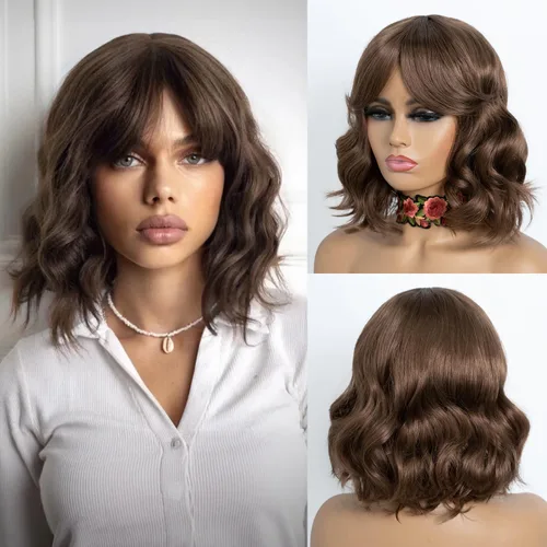 Miniatura 12 de NOBLE Peluca Rosa Naranja para Mujeres Peluca Durazno con Flequillo Pelucas Bob Rizadas Ombré con Flequillo de Aire Pelucas Sintéticas Cortas