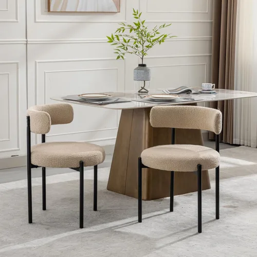 Miniatura 7 de Juego de 2 sillas de comedor Boucle, sillas de comedor beige con asiento tapizado y respaldo redondo, sillas de cocina modernas de mediados de siglo