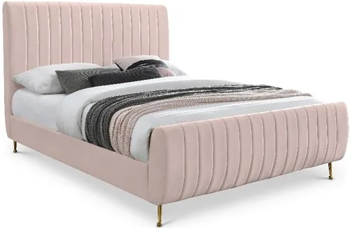 Miniatura 15 de Meridian Furniture Colección moderna Zara Cama tapizada de terciopelo contemporáneo con acolchonamiento de canal profundo y patas doradas a Crema