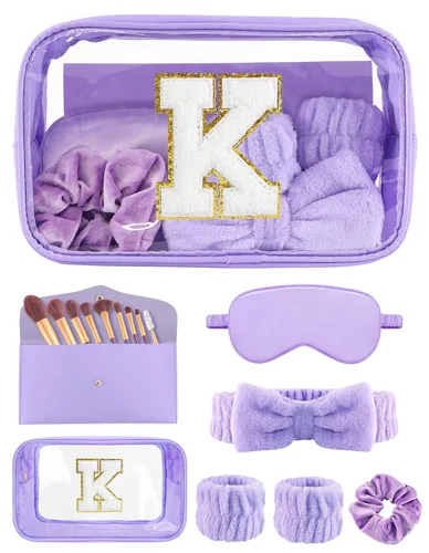 Gift Sets for Women, Initial Makeup Bag with Makeup Brush Set Bachelorette Party Favors, Purple Spa Kit with Skincare Headbands Wrist Bands Púrpura