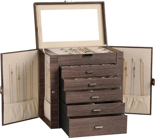 Frebeauty Joyero grande, organizador de joyas de piel sintética de 6 niveles, estuche de almacenamiento multifuncional con espejo, soporte de