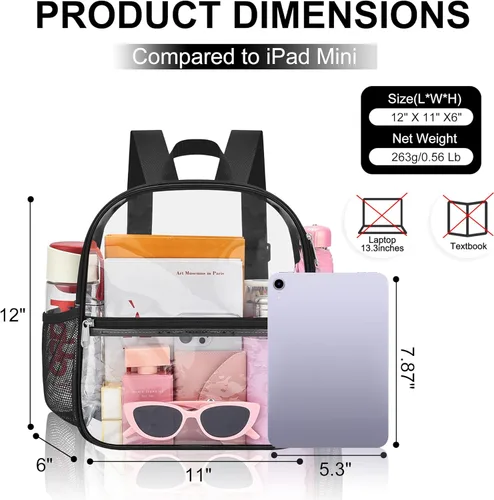 Miniatura 2 de Mochila Transparente Oraben para Eventos de Estadio Mochila Transparente para Estadio 12x6x12, Negro, Pequeño
