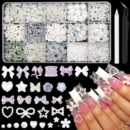 Miniatura 11 de RODAKY 1000 dijes de uñas con lazo, lazo rosa y blanco, corazón, estrella, coqueta, decoración de uñas, cuentas de perlas con parte trasera plana