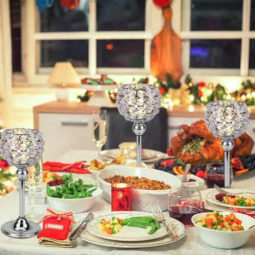 Miniatura 7 de Juego de 2 candelabros de cristal plateado para mesa de comedor, centro de mesa, decoración de mesa para comedor, sala de estar, café, mesa de Plata