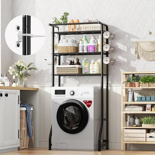 Miniatura 6 de Simple Trending Sobre el gabinete de almacenamiento del inodoro, organizador de estante de baño de metal con soporte para papel y ganchos, 3 Negro