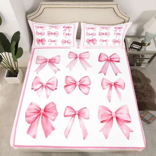 Miniatura 41 de Sábana bajera con lazo azul tamaño individual, juego de ropa de cama de princesa con cerezas, estrellas y flores margaritas de dibujos animados