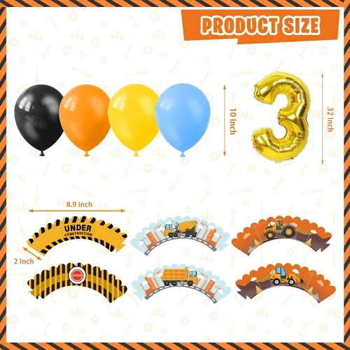 Miniatura 4 de Suministros de fiesta de cumpleaños de construcción para niños de 3 años, 139 piezas de decoraciones de fiesta de camión volquete para niños