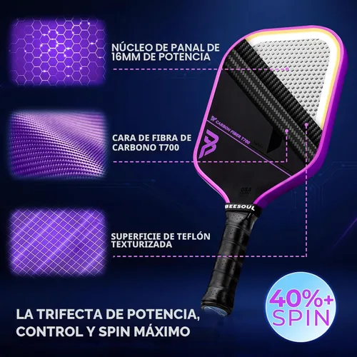 Miniatura 3 de Beesoul Paleta de pickleball con superficie de fibra de carbono sin procesar termoformada T700, construida para máxima potencia de giro y control
