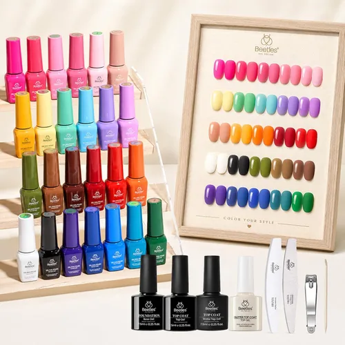 Miniatura 22 de Beetles Deal Box - Kit de esmalte de uñas de gel con luz UV – 32 colores esenciales de estudio, 68 piezas de esmalte de uñas con capa base libre