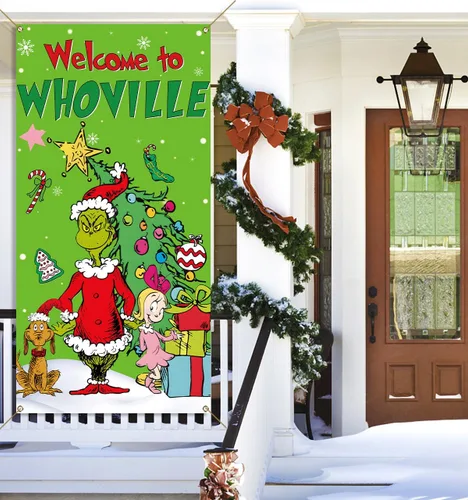 Miniatura 4 de Nepnuser Cubierta de puerta de Navidad de bienvenida, elfo verde, decoración de Navidad, invierno, vacaciones, fiesta, telón de fondo, pancarta